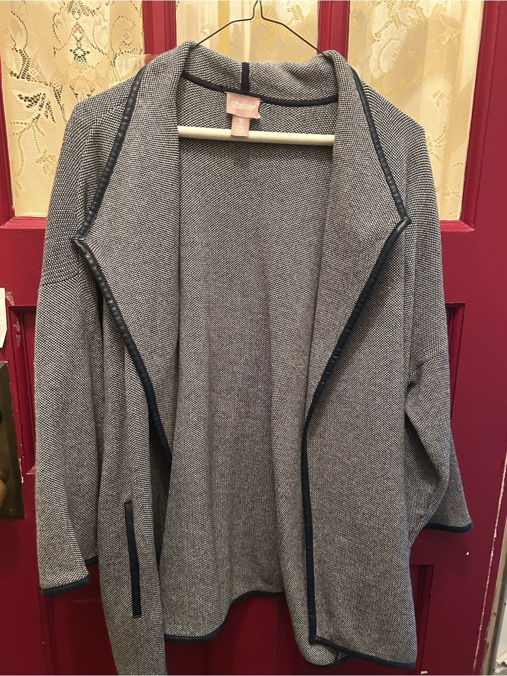 Chico's Gray Knit Cardigan with Navy faux leather Edge Trim with pockets